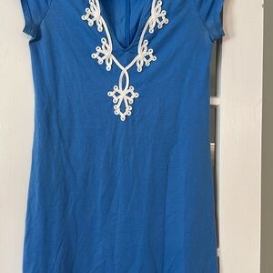 Lilly Pulitzer Blue Pima Cotton Mini Dress with White Embroidered V-Neck